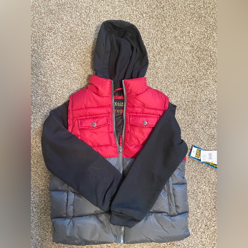 Red and Gray Hooded Vest Jacket